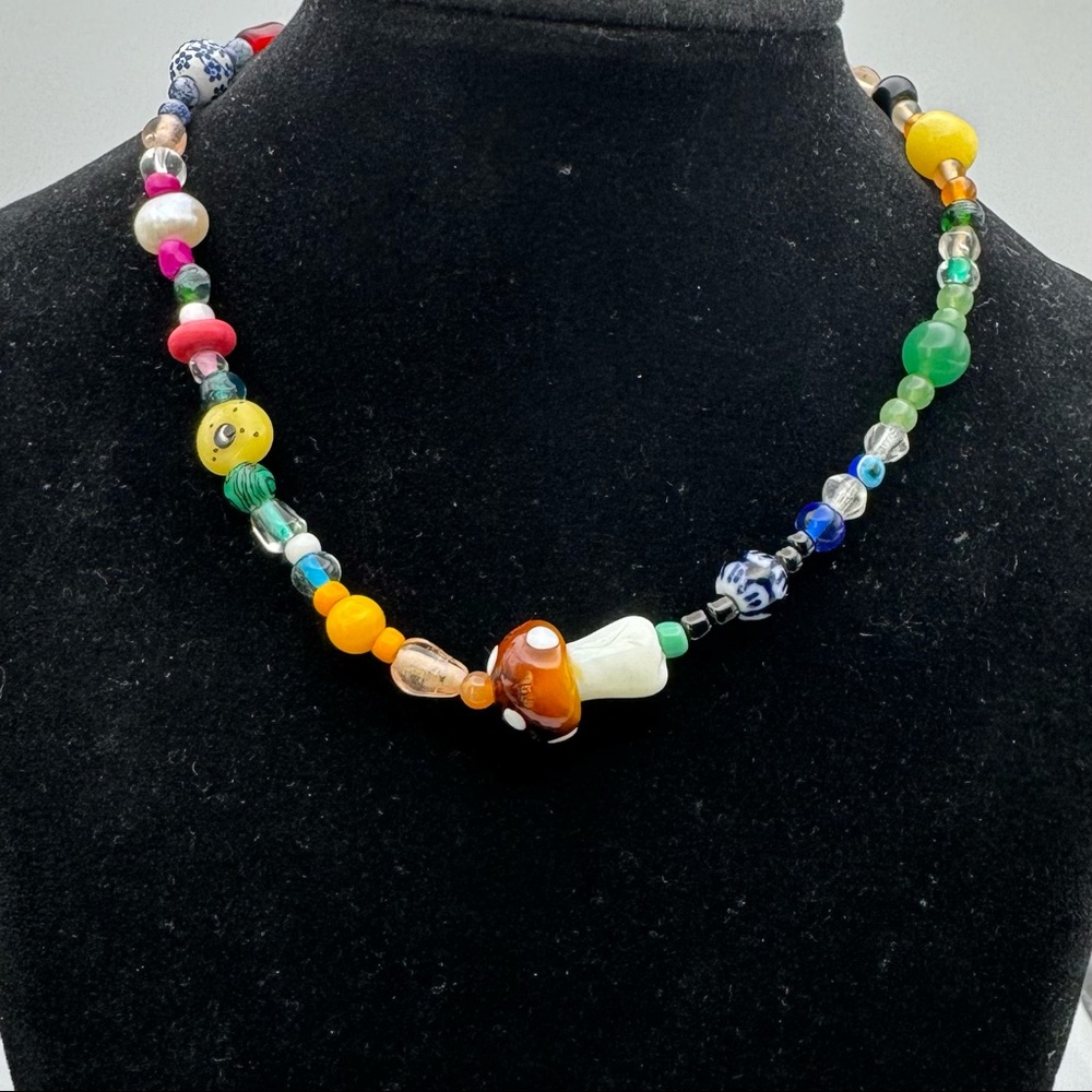 Mushroom Pearl Stone Art Glass Handmade Beaded Multicolor Choker Necklace 14”